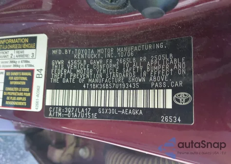 2007 Toyota Avalon Xls из США, поврежденный, VIN 4T1BK36B57U193435